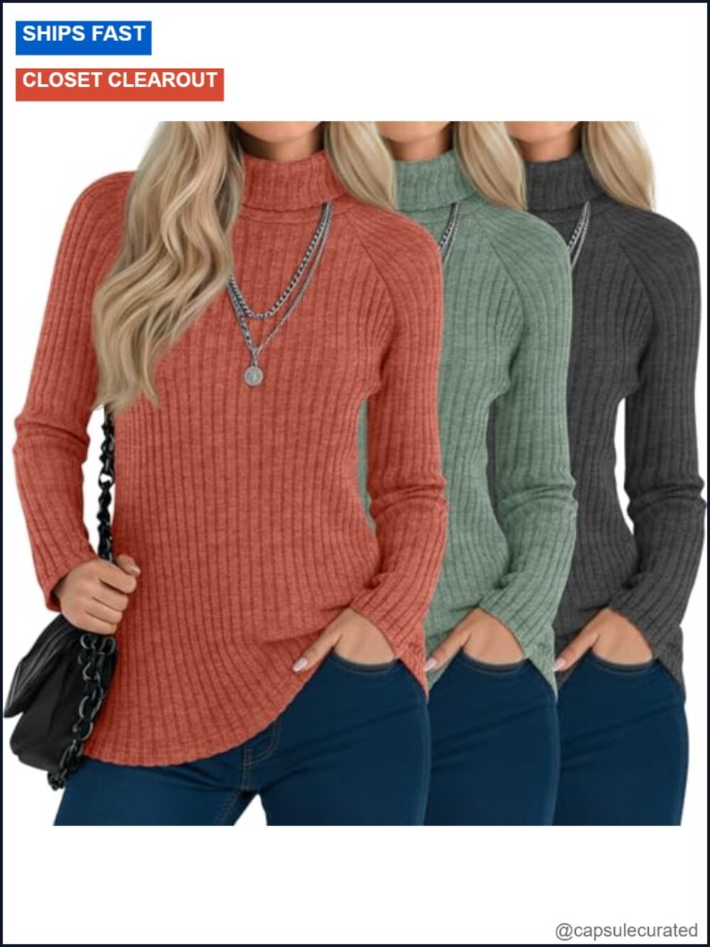 3 Pack Women's Ribbed Knit Turtleneck Sweaters